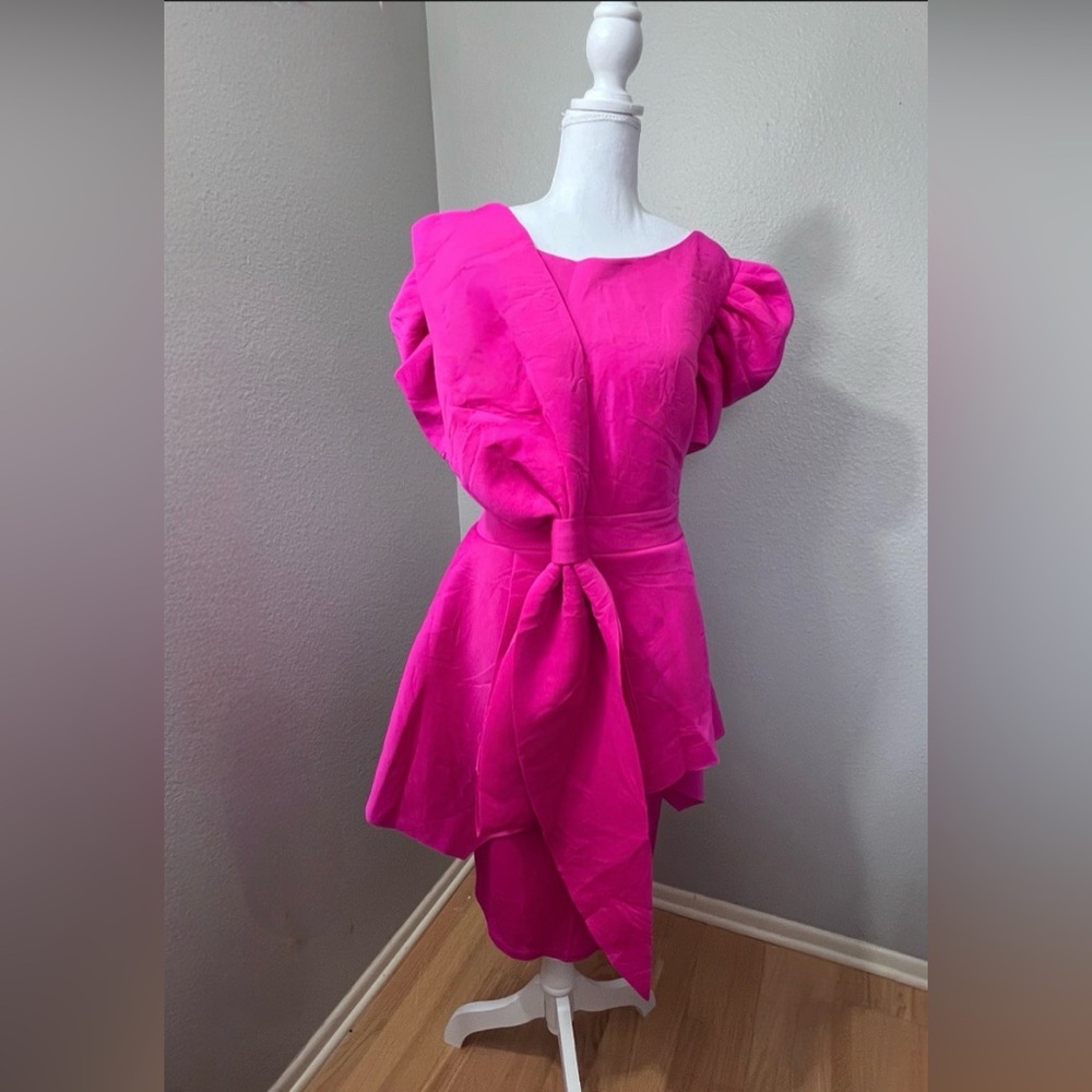 #215 Barbie Hot Pink Ruffle Peplum Bow Front Midi Dress-4X/24W
